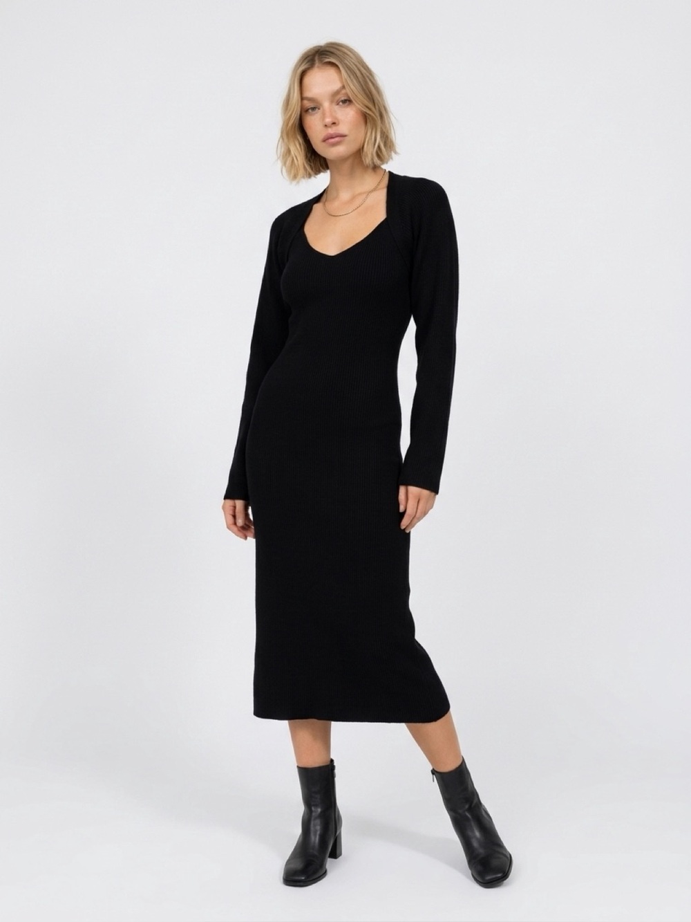 Leith 2 piece Black Ribbed Dress & Sweater Set Women’s Medium